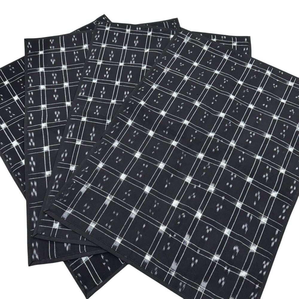 Crate & Barrel Placemats Black Cotton Checkered Pique Woven Rectangle X4 NEW